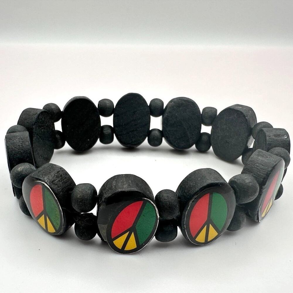 Vintage 90s Rasta Peace Sign Wood Stretch Bracelet Red Green Yellow Jewelry Y2K
